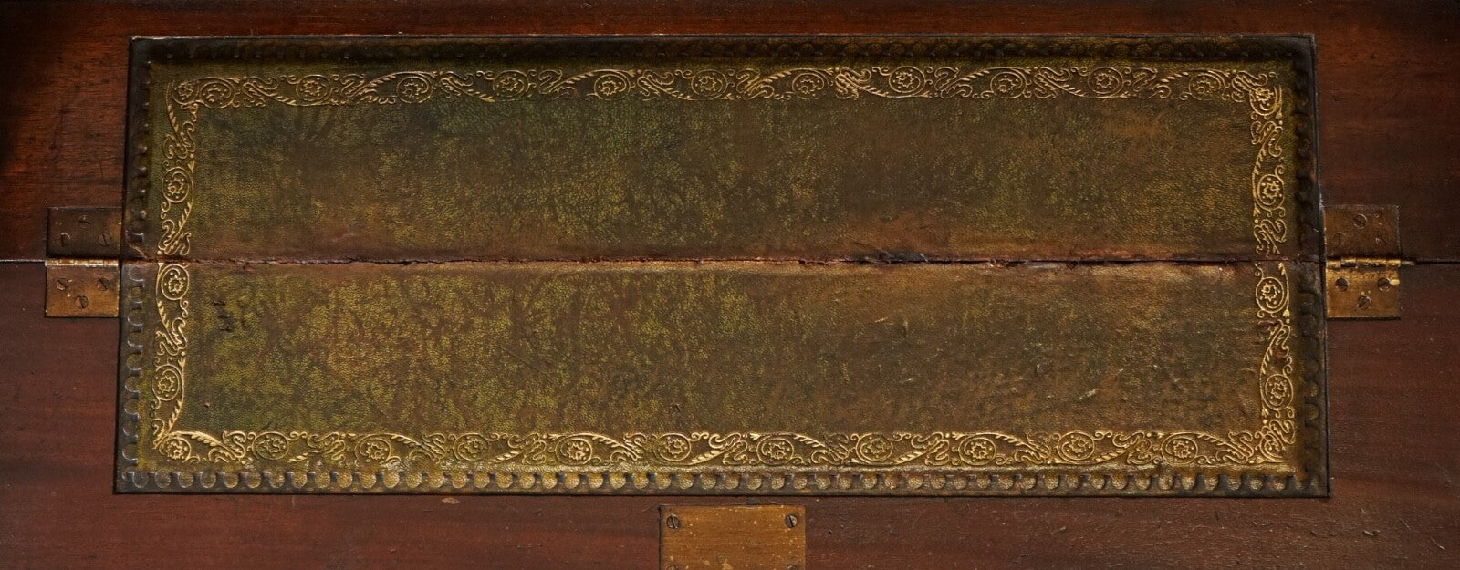 VINTAGE MILITARY CAMPAIGN SECRETAIRE CHEST OF DRAWERS WITH AGED GREEN LEATHER