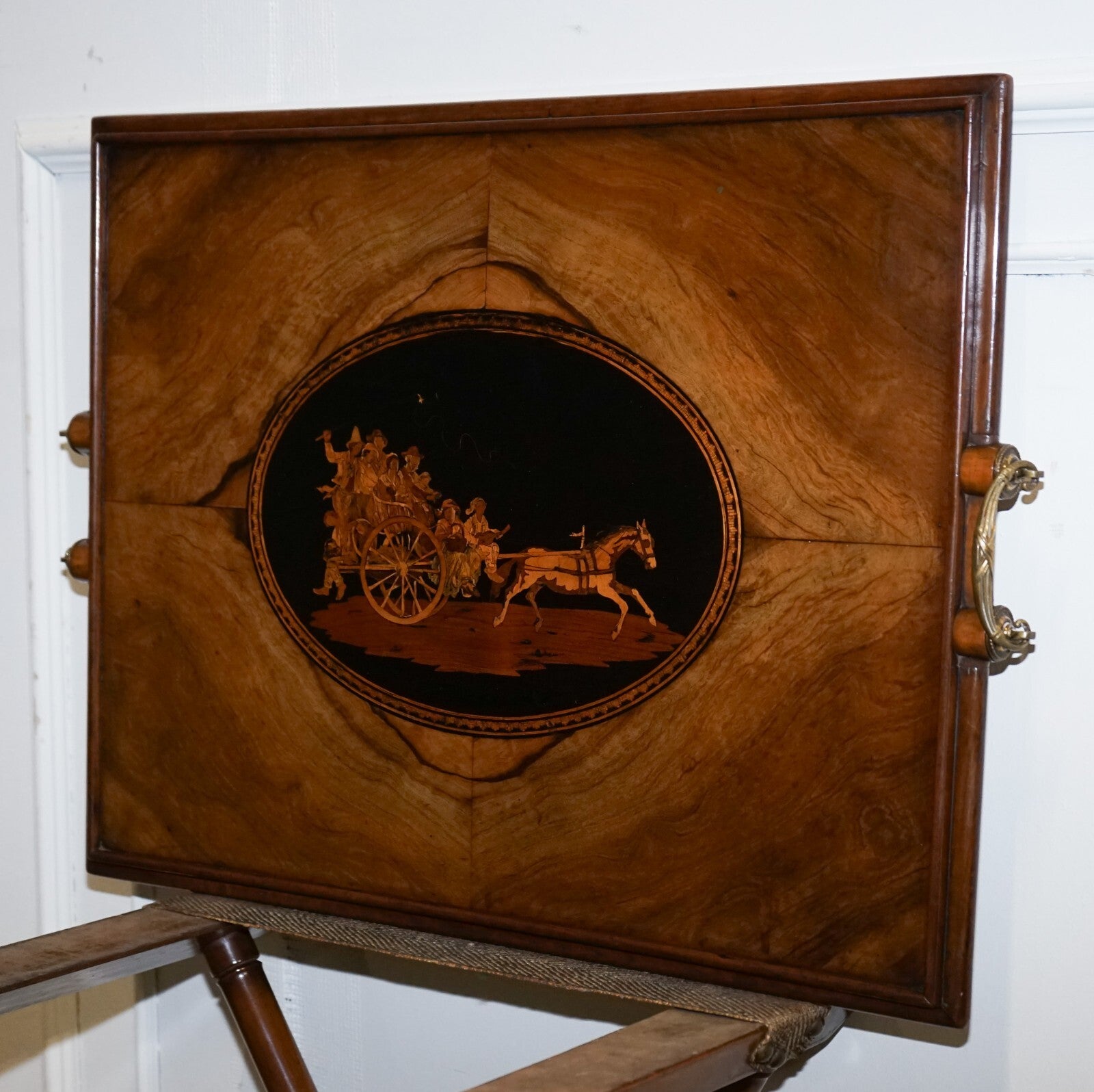 VICTORIAN DOUBLE SIDED SERVING TRAY ON BAMBOO STAND BRASS HANDLES MARQUETRY TOP
