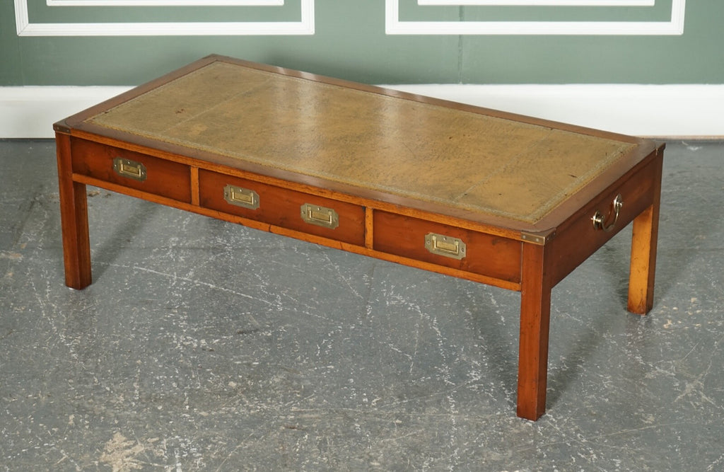 VINTAGE YEW WOOD MILITARY CAMPAIGN COFFEE TABLE WITH EMBOSSED LEATHER