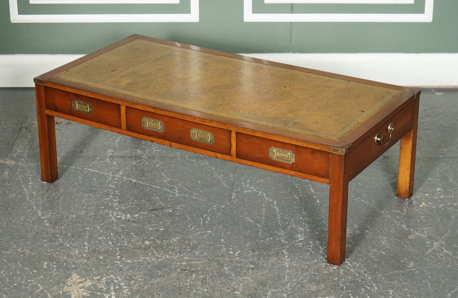 VINTAGE YEW WOOD MILITARY CAMPAIGN COFFEE TABLE WITH EMBOSSED LEATHER