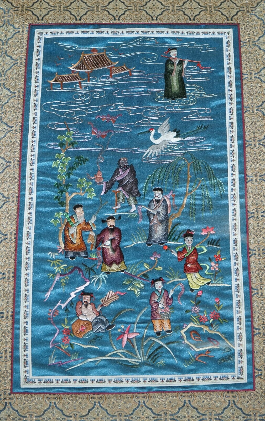 VINTAGE CHINESE HAND EMBROIDERED SILK TAPESTRY PANEL IN FAUX GILT BAMBOO FRAME