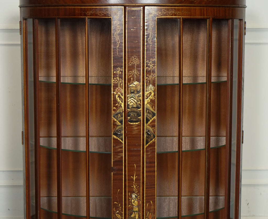 ORIENTAL CHINESE DWARF BOW FRONT DISPLAY CABINET WITH GLASS SHELVES