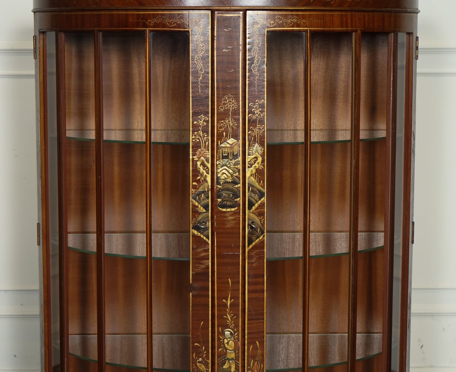 ORIENTAL CHINESE DWARF BOW FRONT DISPLAY CABINET WITH GLASS SHELVES