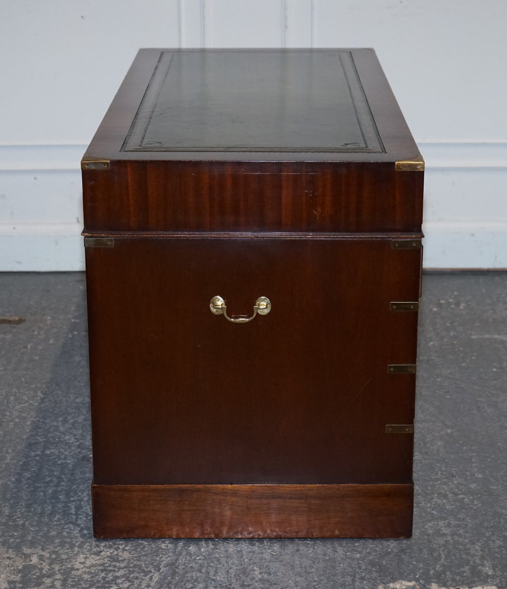 FINE RESTORED MILITARY CAMPAIGN TWIN PEDESTAL DESK WITH GREEN LEATHER TOP
