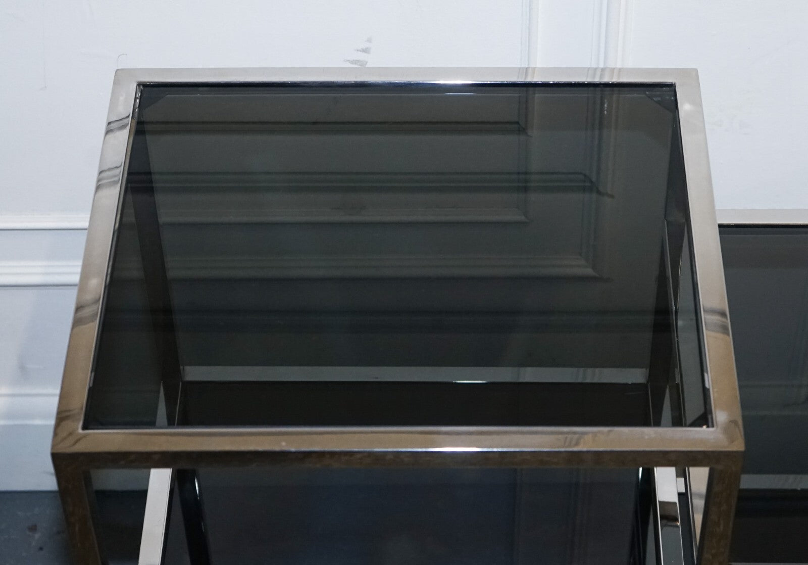 SHOWROOM CASA PADRINO SMOKED GLASS POLiSHED STAINLESS STEEL CONSOLE TABLE