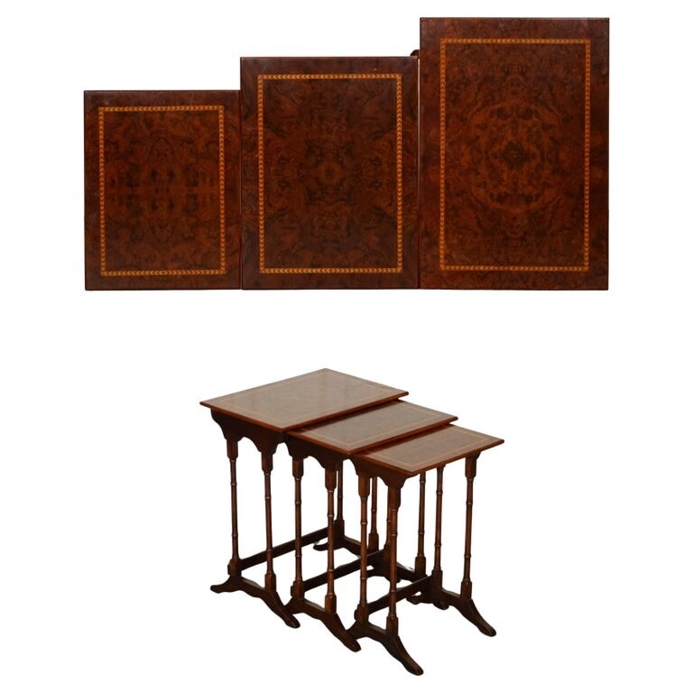 RESTORED VINTAGE SHERATON REVIVAL BURR WALNUT NEST OF TABLES