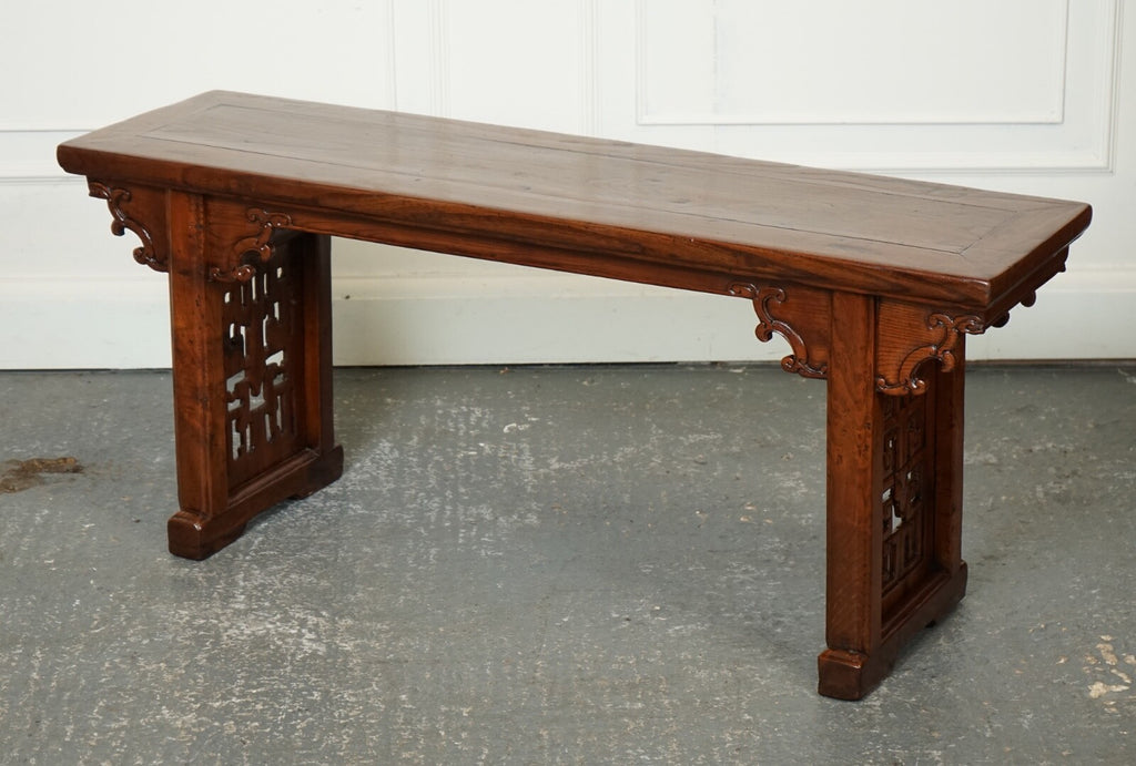 LATE 19TH CENTURY CHINESE ALTAR TABLE BENCH ELM WOOD J1