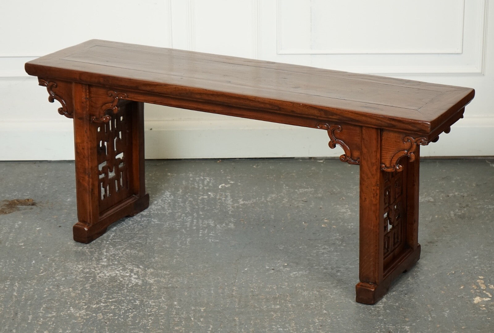 LATE 19TH CENTURY CHINESE ALTAR TABLE BENCH ELM WOOD J1