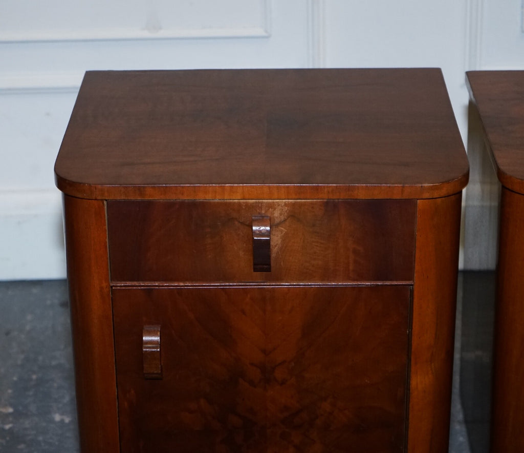 PAIR OF 1930'S ART DECO BURR WALNUT BEDSIDE TABLES NIGHTSTANDS DRAWER & CUPBOARD