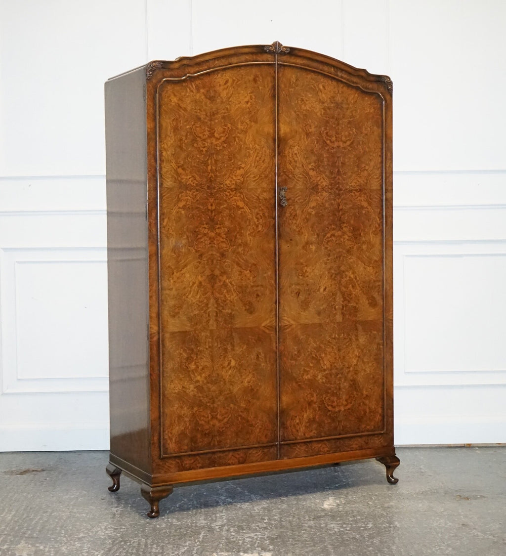 GORGEOUS ART DECO BURR WALNUT DOUBLE WARDROBE WITH MiRROR