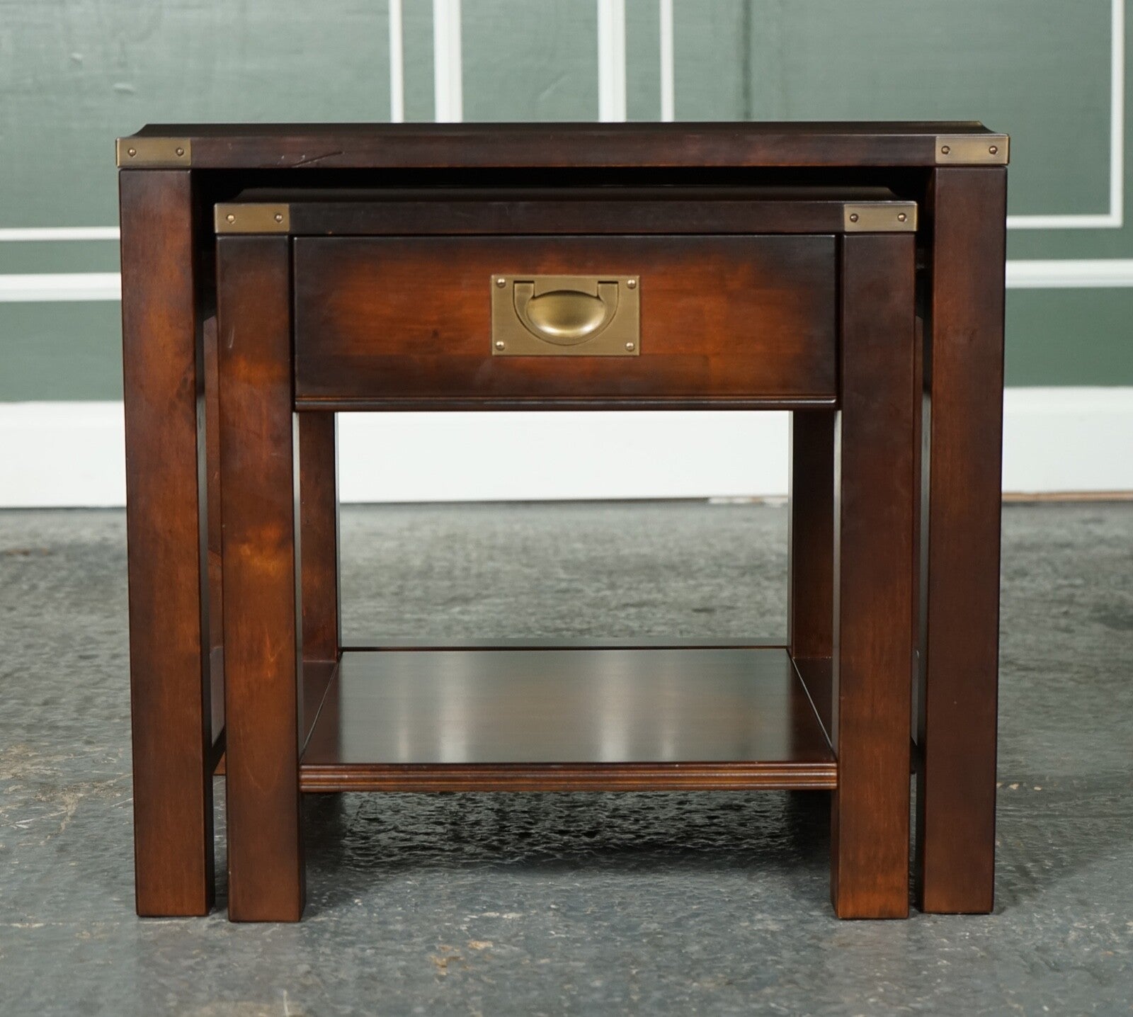 VINTAGE MAHOGANY & BRASS MILITARY CAMPAIGN NEST OF TABLES WITH DRAWER