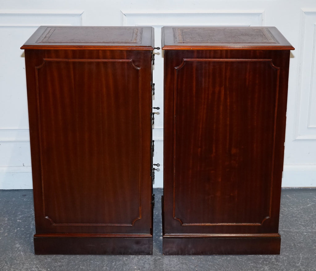 PAIR OF FILLING CABINETS BURGUNDY LEATHER GOLD EMBOSSED TOP 3 SPACIOUS DRAWERS