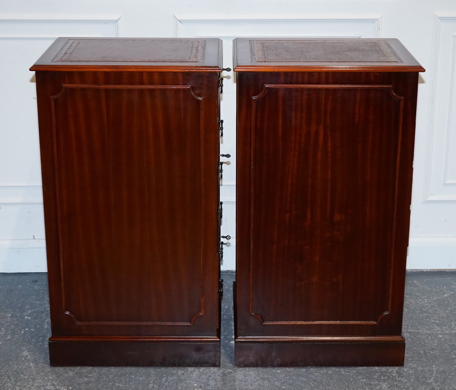 PAIR OF FILLING CABINETS BURGUNDY LEATHER GOLD EMBOSSED TOP 3 SPACIOUS DRAWERS