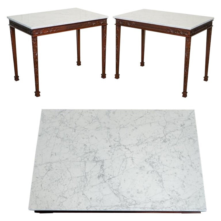 PAIR OF CHIPPENDALE STYLE CONSOLE TABLES WITH NEW WHITE CARRARA MARBLE TOPS