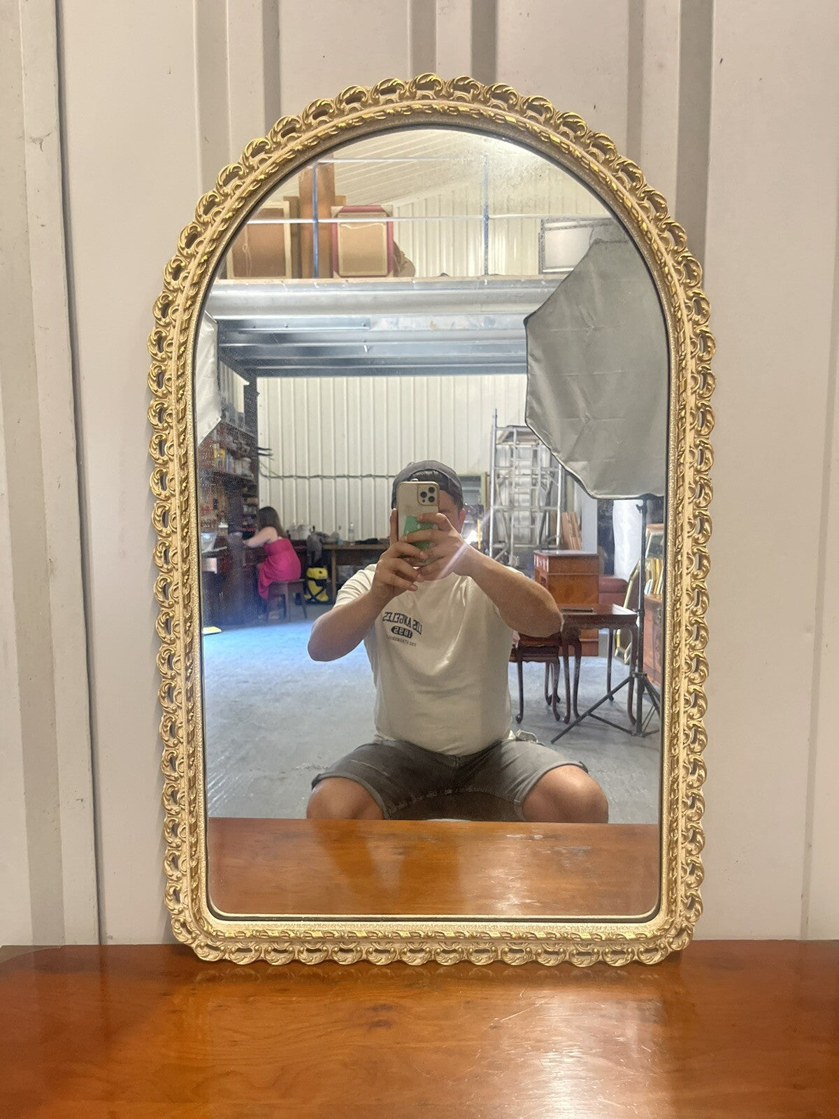 1950'S VINTAGE JOHN ''HALLS GALVO'' DAMP PROOF WHITE AND GOLD WALL MIRROR