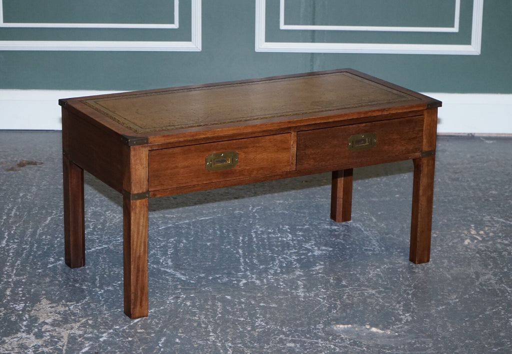 HARRODS LONDON KENNEDY MILITARY CAMPAIGN COFFEE TABLE WITH BROWN LEATHER TOP