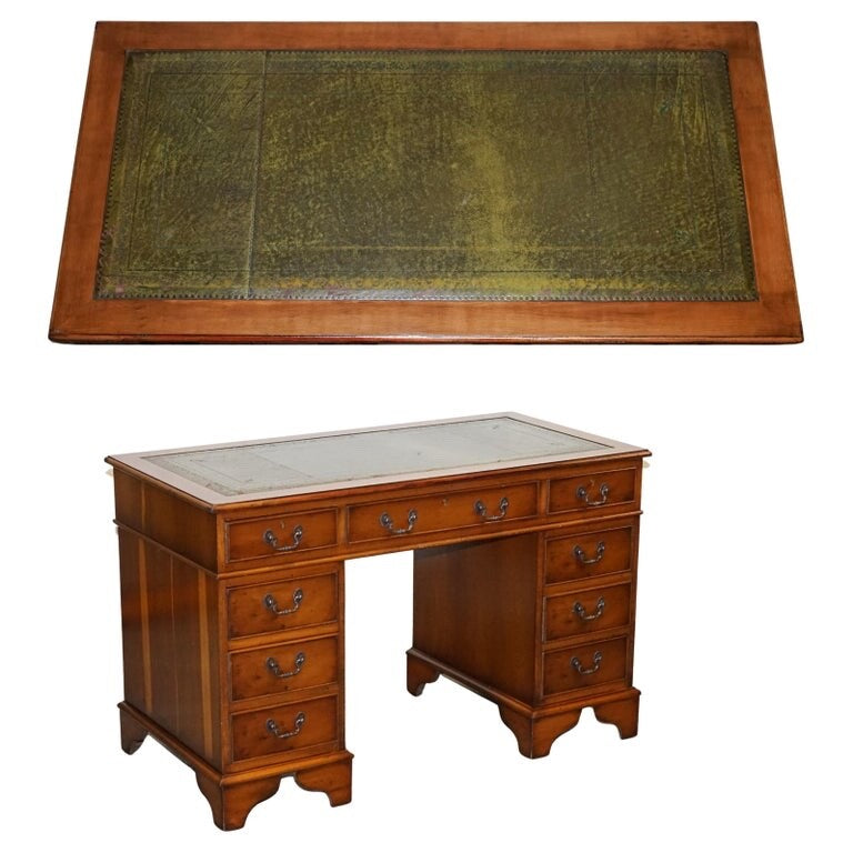 VINTAGE YEW WOOD TWIN PEDESTAL GREEN LEATHER TOP DESK