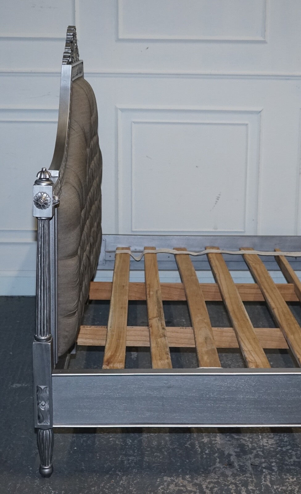 BEAUTIFUL FRENCH SILVER FRAME BUTTON BACKED KING SIZE WOODEN BED FRAME