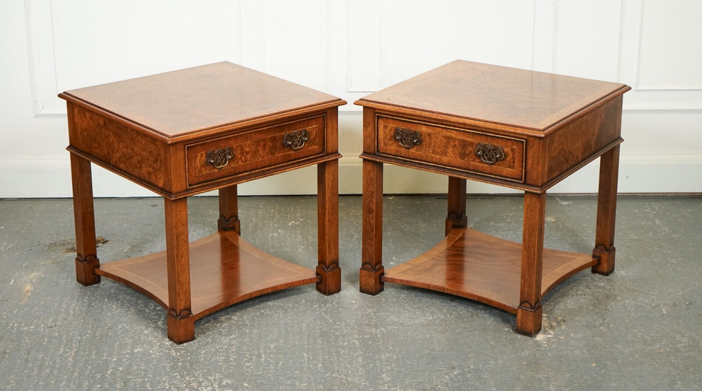 PAIR BURR WALNUT BEDSIDE NIGHTSTANDS END SIDE LAMP TABLES BRIGHTS OF NETTLEBED
