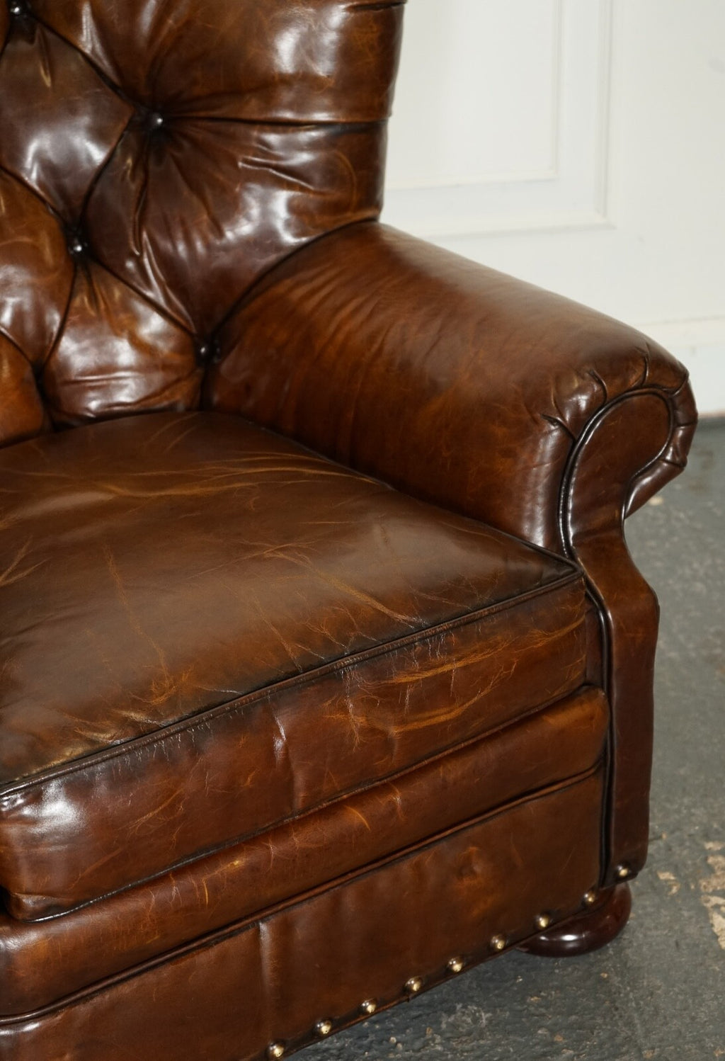 FULLY RESTORED HAND DYED LEATHER WRITERS READING ARMCHAIR WITH FOOTSTOOL
