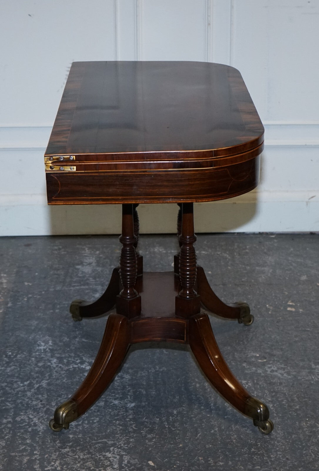 FULLY RESTORED GEORGIAN GAMES CARD FOLDING TABLE ON ORIGINAL BRASS CASTORS