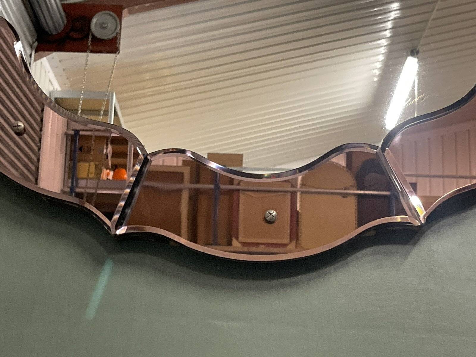STUNNING FRENCH ART DECO 1920'S CONVEX PEACH COLOURED WALL MIRROR