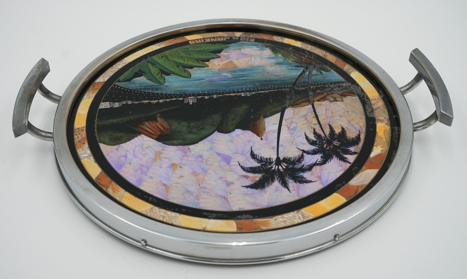 VINTAGE CIRCULAR BRAZILIAN RIO DE JANEIRO METAL TRAY REAL MORPHO BUTTERFLY WINGS