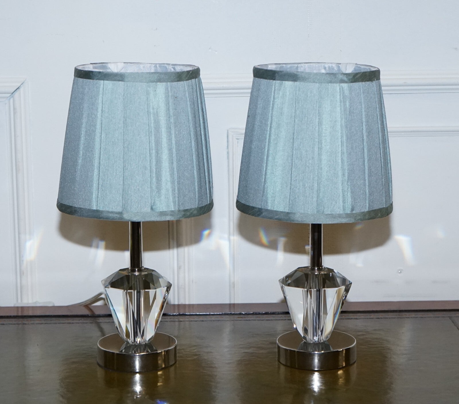 LOVELY PAIR OF DIAMOND GLASS DESIGN ON STAINLESS STEEL BASE BABY BLUE SHADES