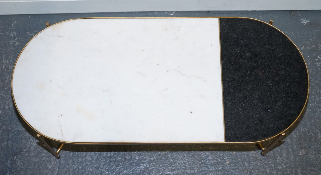 CONTEMPORARY ITALIAN TWO TONE MARBLE & LIMESTONE COFFEE TABLE ON METAL GOLD LEGS