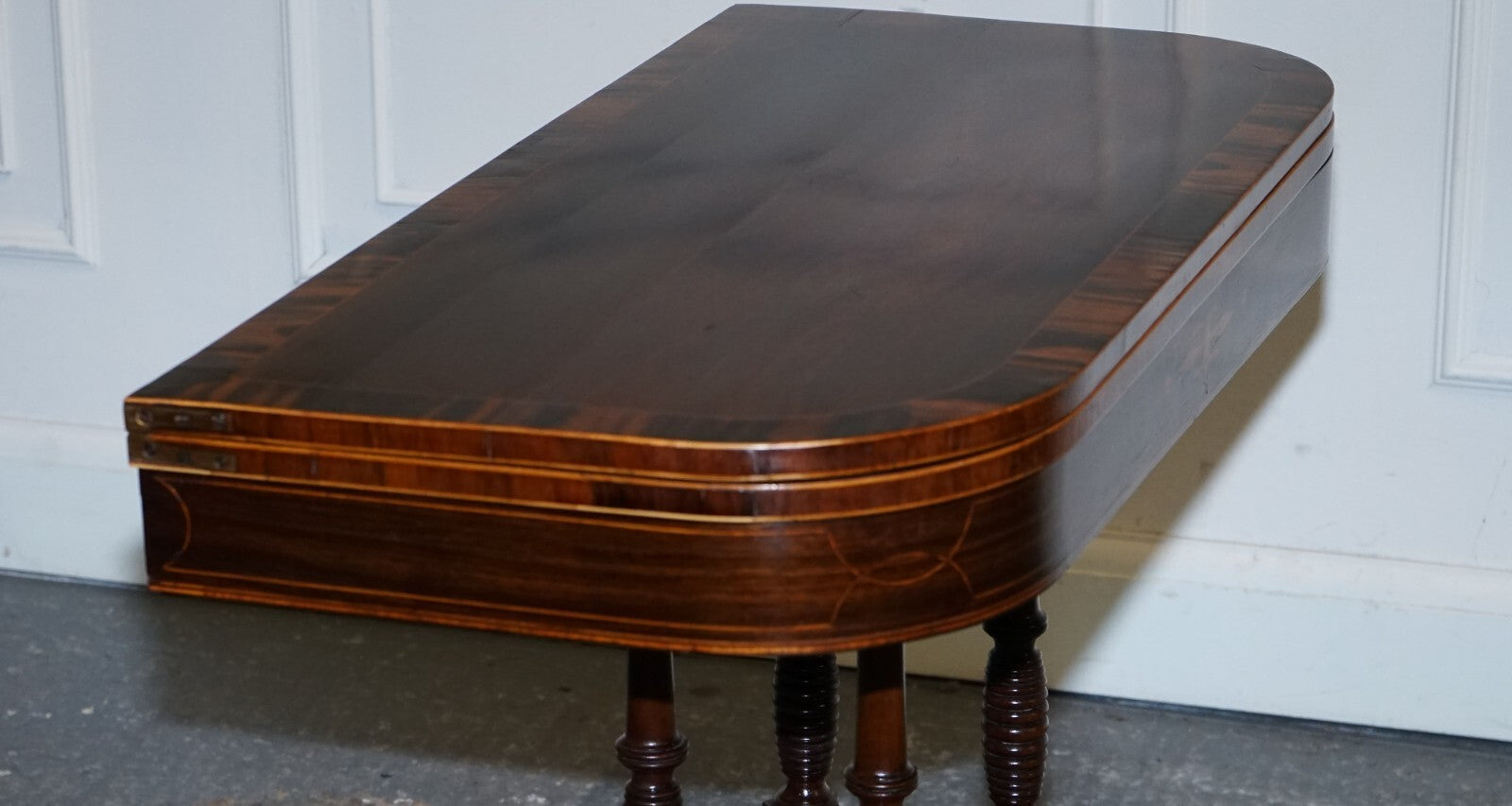 FULLY RESTORED GEORGIAN GAMES CARD FOLDING TABLE ON ORIGINAL BRASS CASTORS