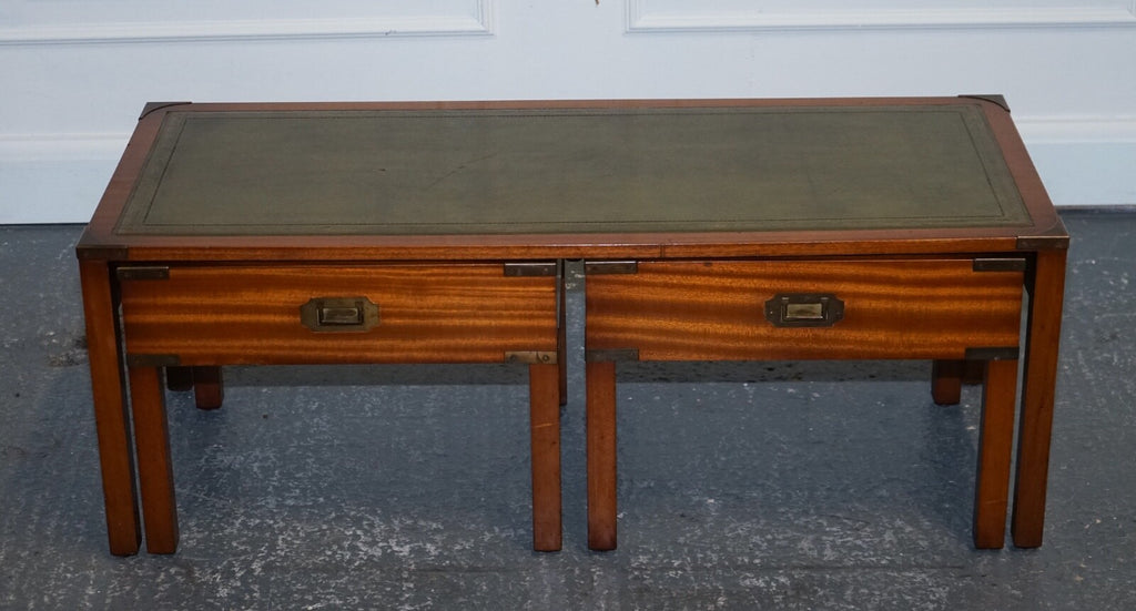 BEVAN FUNNELL COFFEE TABLE WITH TWO SIDE UNDERTABLES GREEN LEATHER TOP