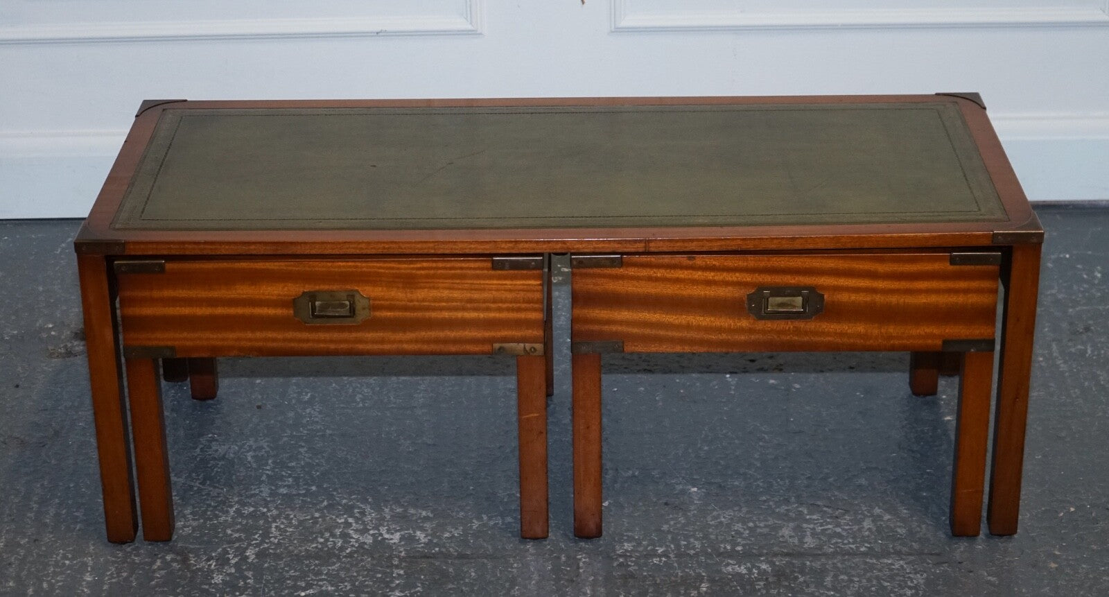 BEVAN FUNNELL COFFEE TABLE WITH TWO SIDE UNDERTABLES GREEN LEATHER TOP