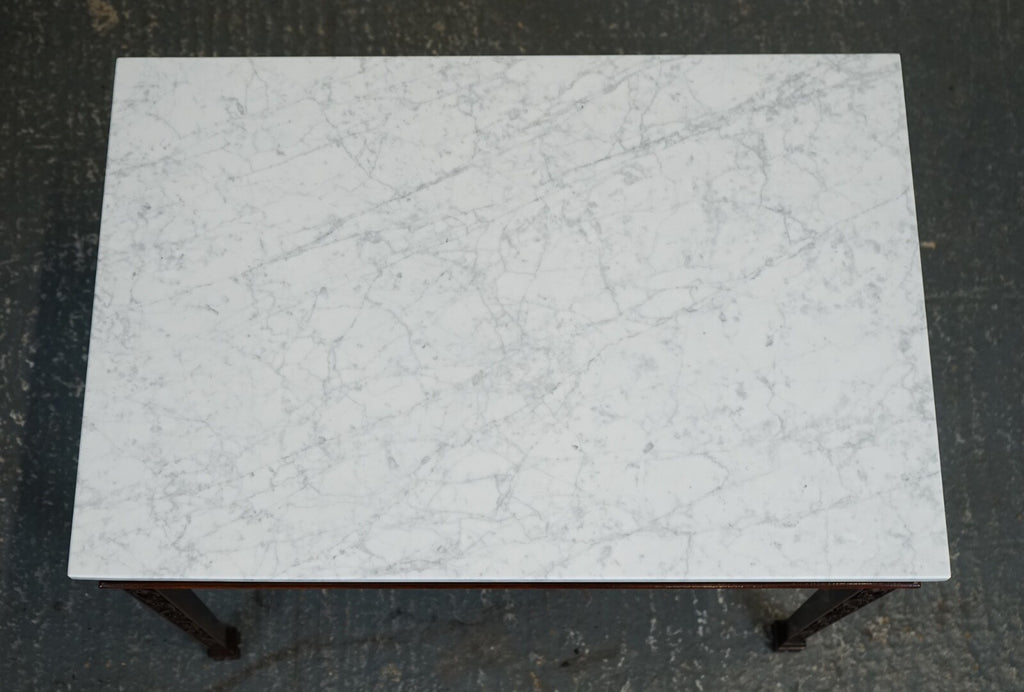 PAIR OF CHIPPENDALE STYLE CONSOLE TABLES WITH NEW WHITE CARRARA MARBLE TOPS