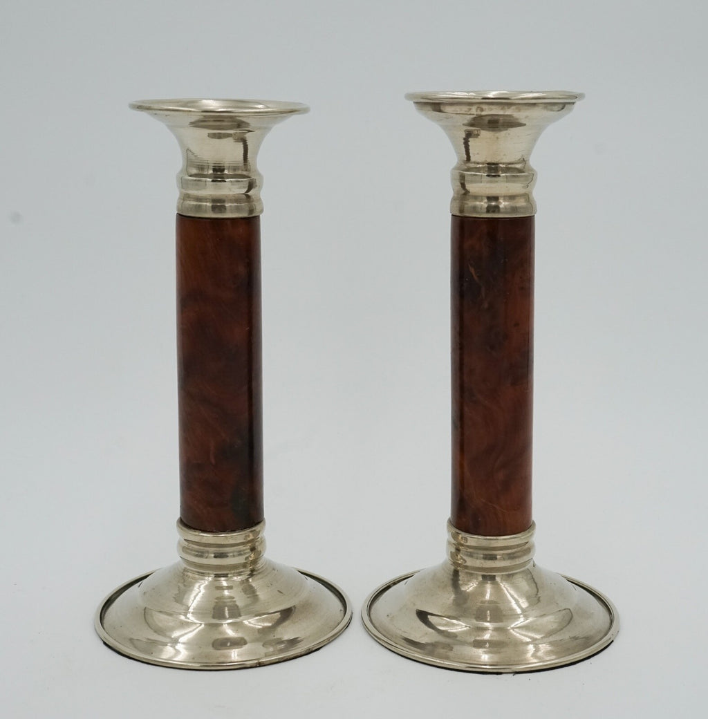 PAIR OF LOVELY DECORATIVE ART DECO BURR WALNUT CANDLESTICKS