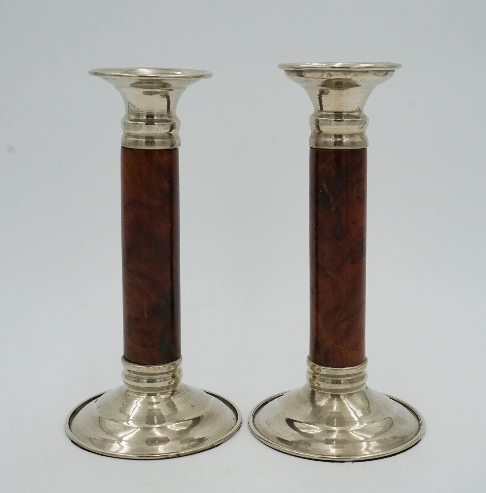 PAIR OF LOVELY DECORATIVE ART DECO BURR WALNUT CANDLESTICKS