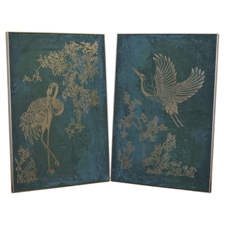LOVELY PAIR OF PEACOCK ROOM ART PRINTS WALL DECOR TORQUOISE AND GOLD FRAMES