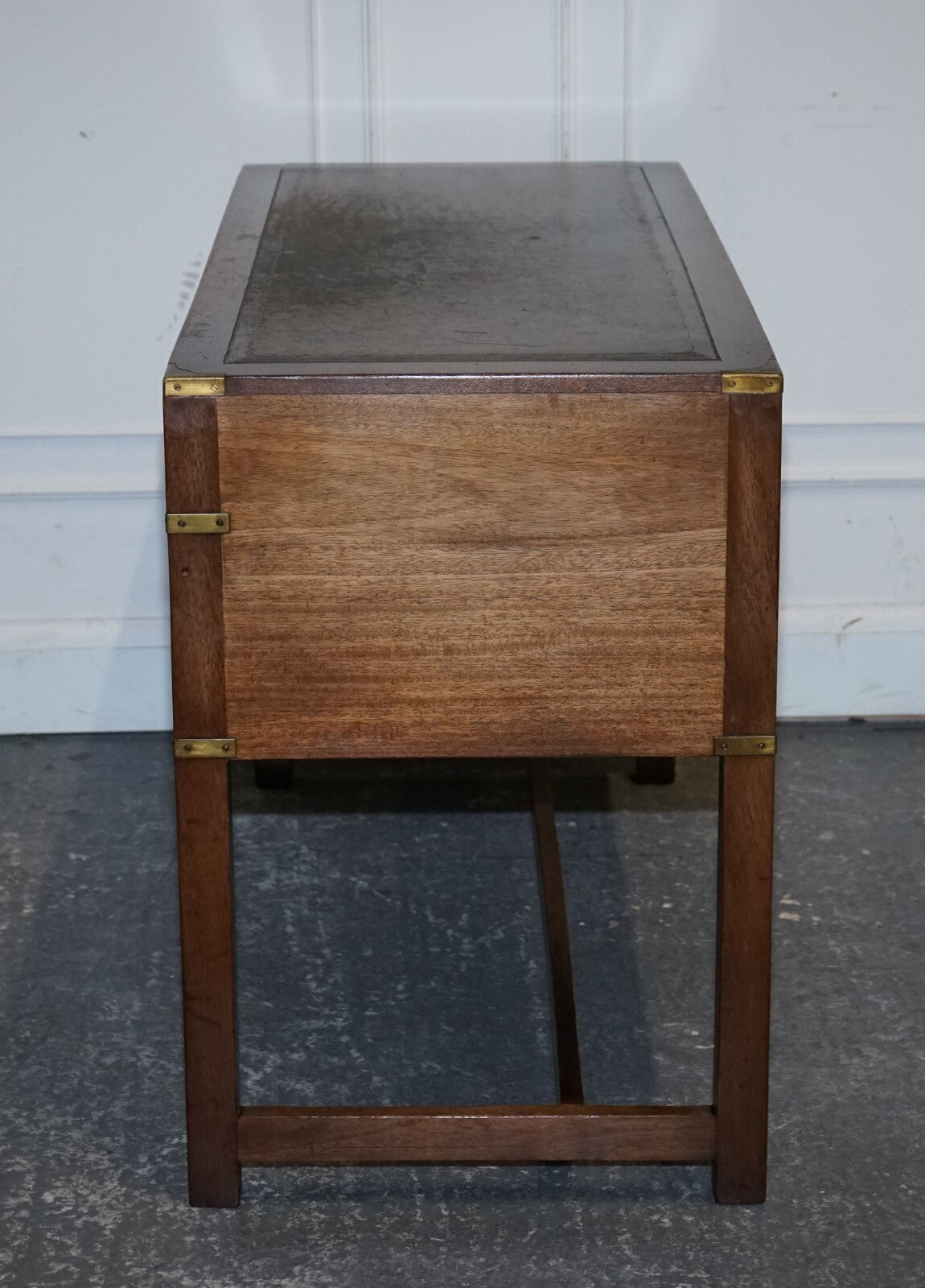 VINTAGE HARRODS LONDON KENNEDY MILITARY CAMPAIGN LEATHER TOP WRITING TABLE DESK