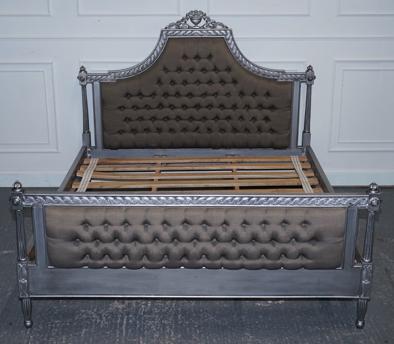 BEAUTIFUL FRENCH SILVER FRAME BUTTON BACKED KING SIZE WOODEN BED FRAME