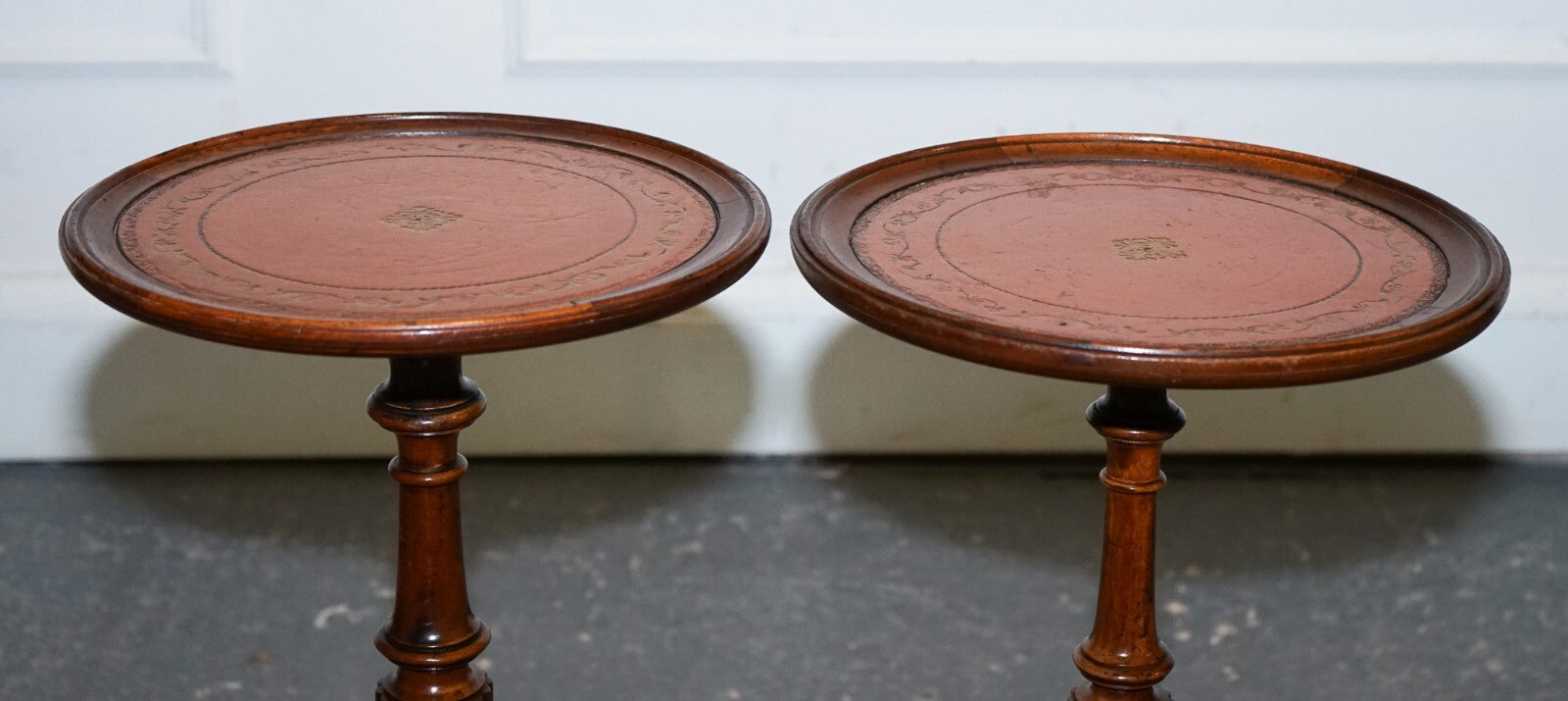ANTIQUE 1920's MATCHED BROWN LEATHER TOP PAIR OF WINE END SIDE TABLE TRIPOD BASE
