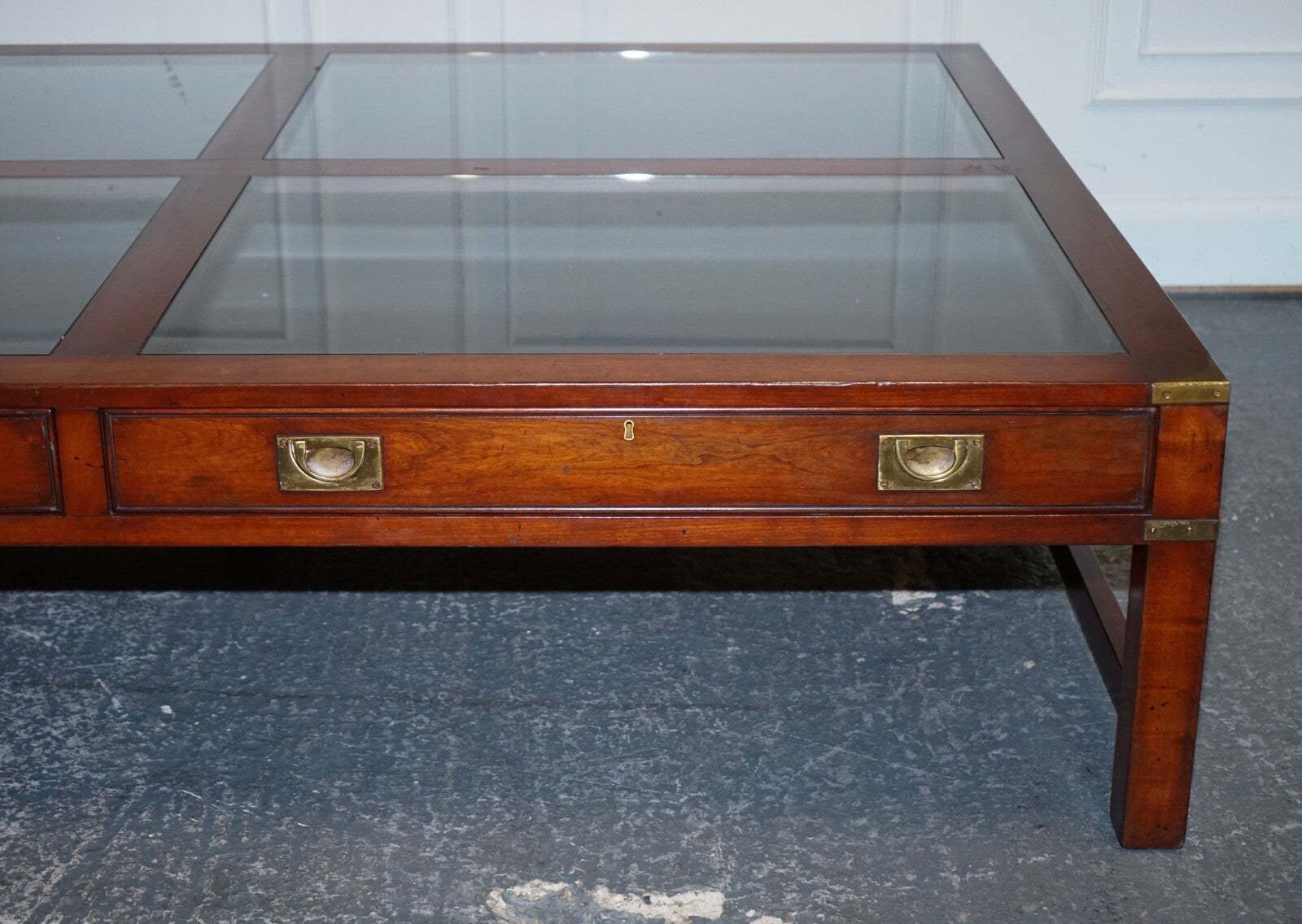VERY LARGE COFFEE TABLE WITH INLAID GLASS PANELS  MADE BY KENNEDY HARRODS