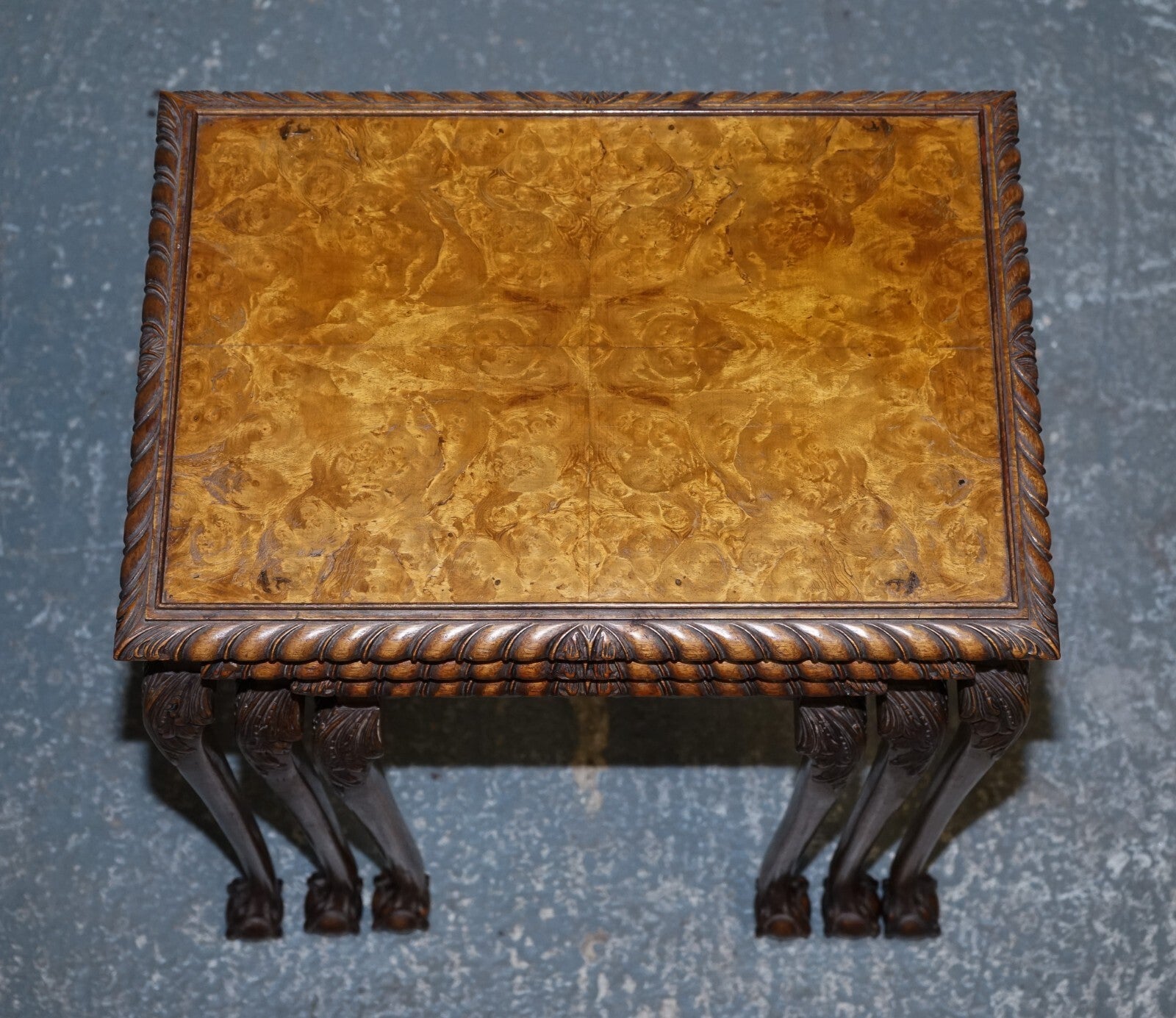 STUNNING BURR WALNUT NEST OF  THREE TABLES CARVED CLAW & BALL FEET