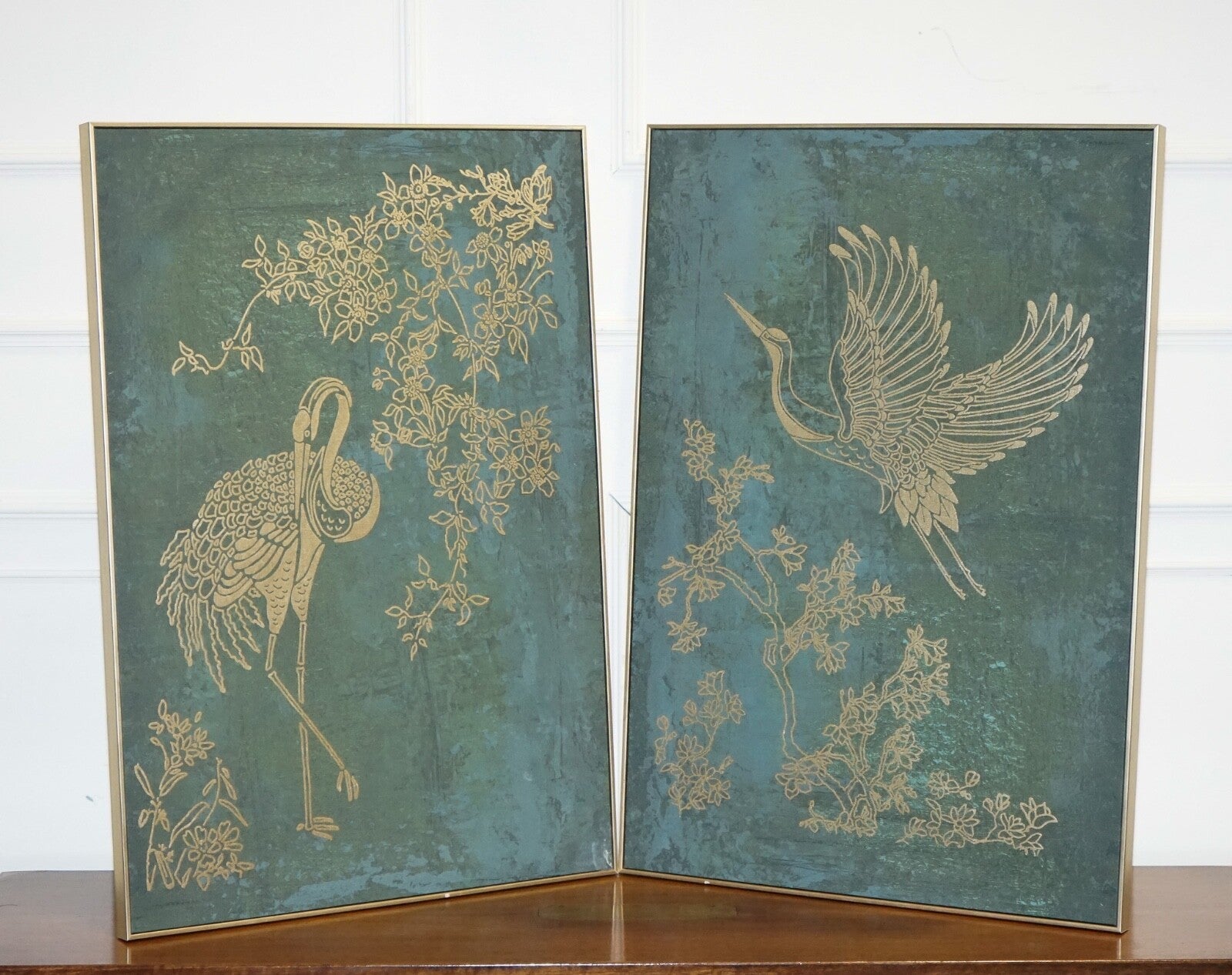 LOVELY PAIR OF PEACOCK ROOM ART PRINTS WALL DECOR TORQUOISE AND GOLD FRAMES
