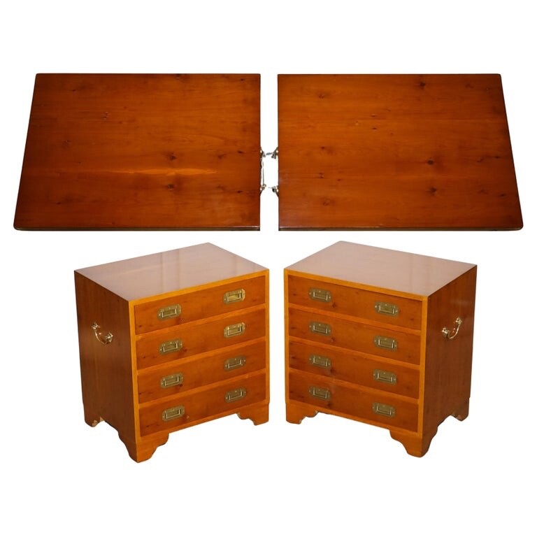 PAIR OF VINTAGE MILITARY CAMPAIGN YEW WOOD CHEST OF DRAWERS END TABLES