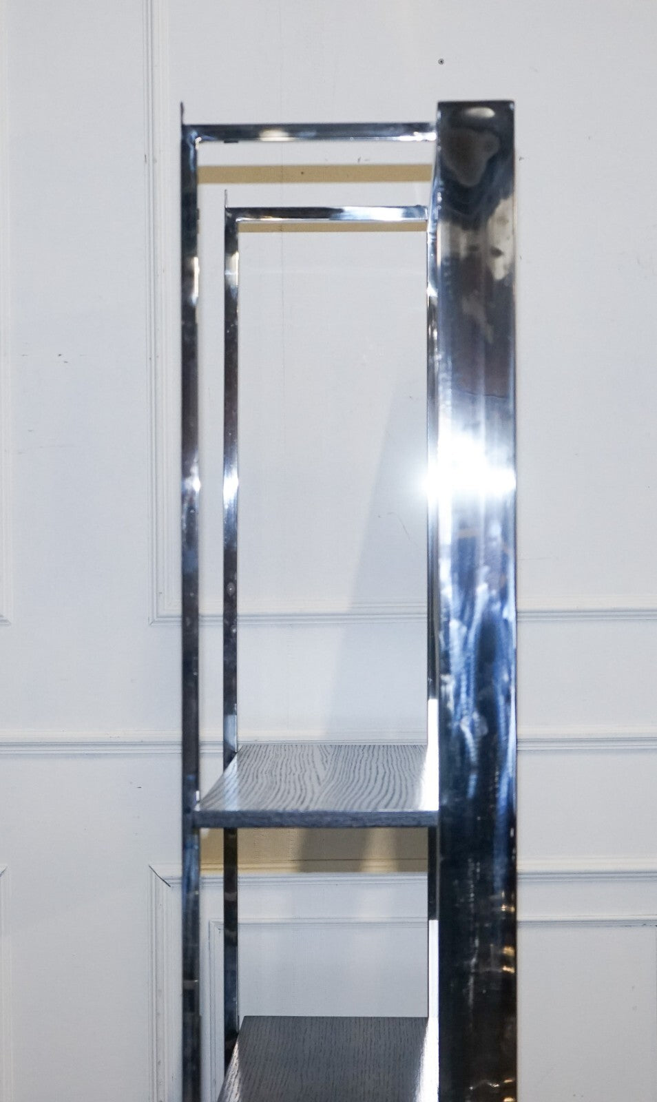 POLISHED STAINLESS STEEL BLACK AND SILVER ART DECO STYLE BOOKCASE SHELF DISPLAY