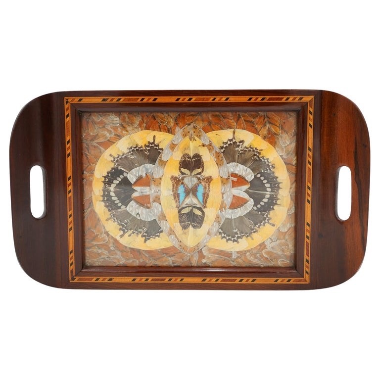 RARE VINTAGE MORPHO BUTTERFLY TRAY HANDMADE BY A DEVIL'S ISLAND PRISONER 1940's