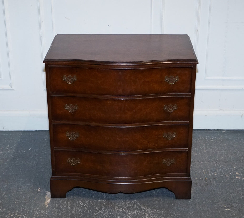 LATE 20TH CENTURY BURR WALNUT CHEST OF DRAWERS WITH BRASS HANDLES