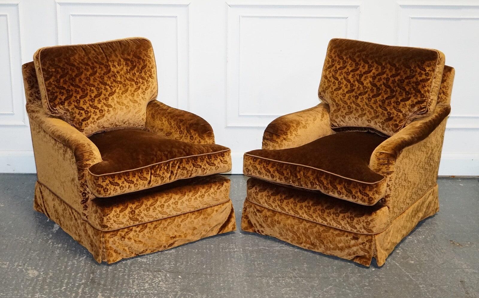 VINTAGE PAIR CUSTOM MADE BROWN GOLD VELVET CONNAUGHT ARMCHAIRS BY DUDGEON LONDON