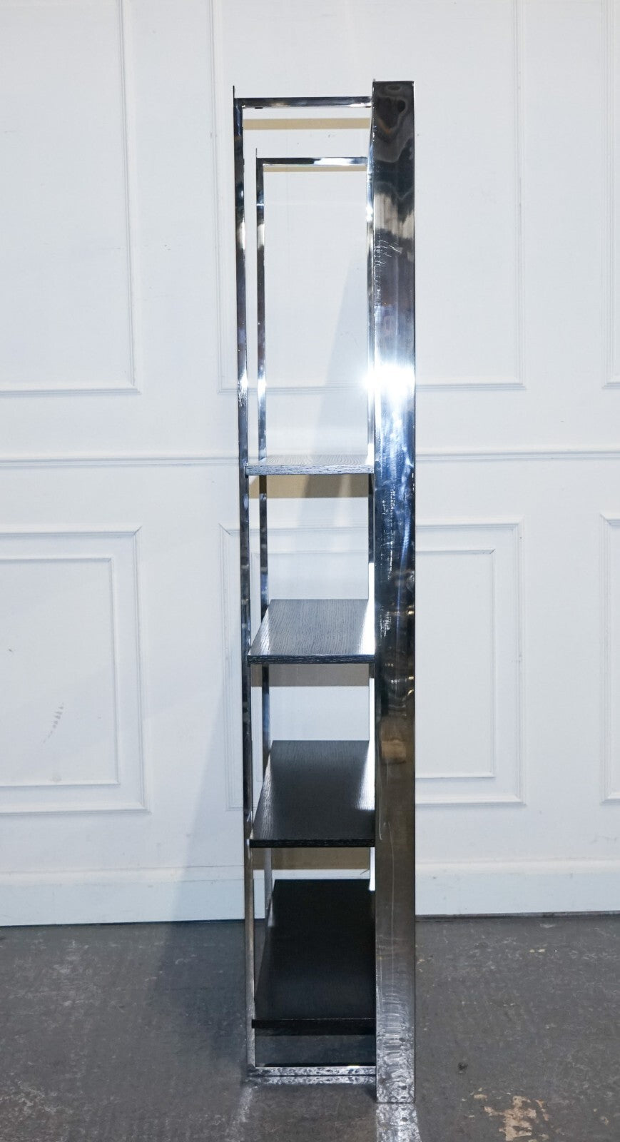 POLISHED STAINLESS STEEL BLACK AND SILVER ART DECO STYLE BOOKCASE SHELF DISPLAY