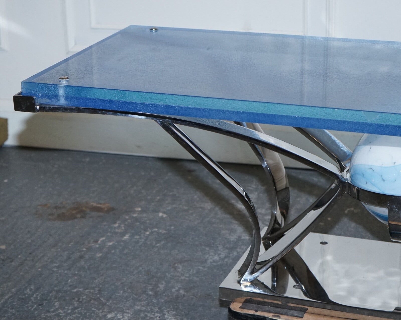 RARE CUSTOM HAND MADE GLASS MARINE GRADE STAINLESS STEEL COFFEE TABLE BY SOLIART