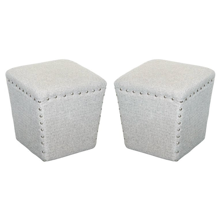 LOVELY PAIR OF GREY FABRIC STUDDED FOOTSTOOLS SiDE STAND STOOL